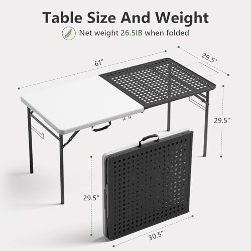 Folding Table 2 Pack, 5ft Folding Grill Table, Portable Camping Table for Cooking&BBQ Prep, 2-in-1 Metal&Solid Surface Foldable Grill Station for Camping Cooking, Backyard, Patio Use(Black and White)