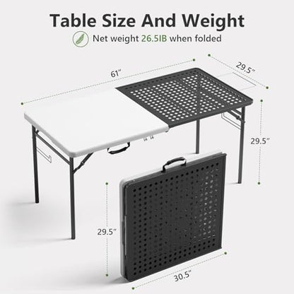 Folding Table 2 Pack, 5ft Folding Grill Table, Portable Camping Table for Cooking&BBQ Prep, 2-in-1 Metal&Solid Surface Foldable Grill Station for Camping Cooking, Backyard, Patio Use(Black and White)