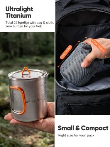 Odoland Titanium Camping Cookware 420ML & 750ML Titanium Pot with Lid and Spork Lightweight Camping Pot for Backpacking Hiking Traveling and Picnic