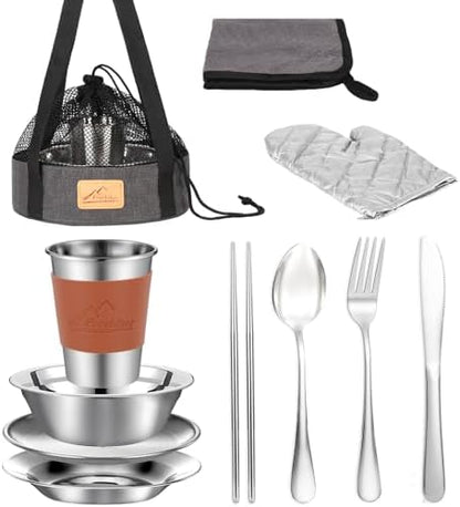 Camping Mess Kit - 1 to 2 Persons Camping Dishes Includes Cups, Bowls, Knives, Forks, Spoons, Camping Dinnerware Set Camping Cooking Utensils Accessories Plates Dinnerware Set
