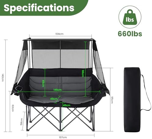Asrug Padded Double Camping Chair with Canopy 2 Person Folding Camping Chair Loveseat with Cup Holders and Side Pockets Heavy Duty Camping Couch for Outdoor Beach 650lbs Support (Black & Dark Gray)
