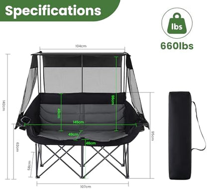 Asrug Padded Double Camping Chair with Canopy 2 Person Folding Camping Chair Loveseat with Cup Holders and Side Pockets Heavy Duty Camping Couch for Outdoor Beach 650lbs Support (Black & Dark Gray)