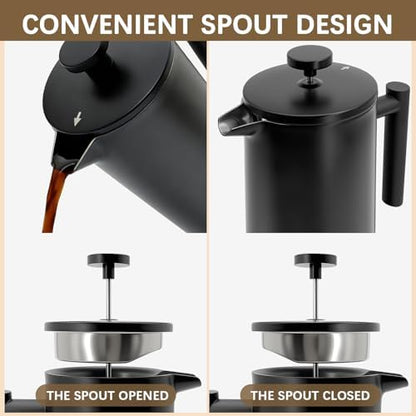French Press Coffee Maker, 304 Grade Stainless Steel French Press with 2 Extra Filters for Home, Office, Travel, Camping - 34OZ/2 Litre (Black)