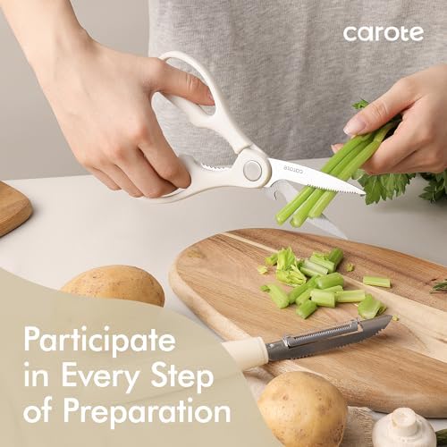 CAROTE 22-Piece Cooking Utensils Set with Wood Cool-Touch Handles, Cream