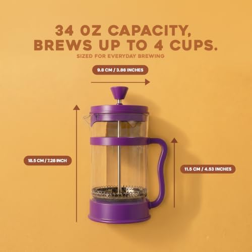 Utopia Kitchen Borosilicate Glass French Press Coffee Maker 34 Oz, Plum