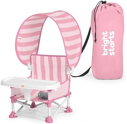 Bright Starts Pop 'N Sit Cabana Baby Beach Portable Booster Chair with UPF Canopy, Floor Seat for Indoor/Outdoor Use, Compact Fold, Pink, 6 Months–3 Years