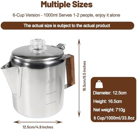 6 Cup Percolator 304 Stainless Steel Coffee Pot Coffee Maker Coffee Machine with Solid Wood Handle Transparent Knob Stovetop Greca Mocha for Induction Home and Camping 1000ml 33.8oz