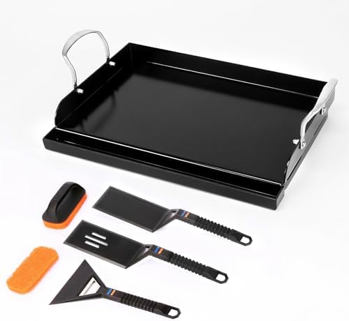 17 x 13 in Pre-seasoned Cast Iron Griddle for Gas Grill, Nano Ceramic Nonstick Flat Top Grill Plate with 5-Piece Tool Kit, Grease Groove, High Sidewalls, Handles, for Charcoal, Stove Top, Camping