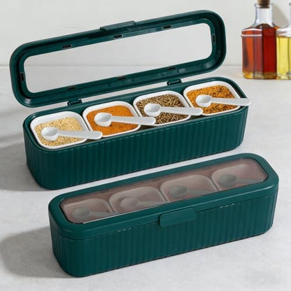 Clear Seasoning Box, 4 Packs Seasoning Rack Spice Pots,Condiment Jars Seasoning Box with Clear Covers and Spoons for Spice, Sugar, Salt, Pepper, Garlic Powder (Green)