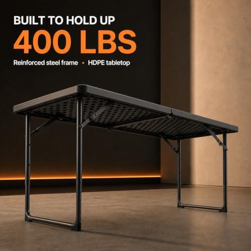 4FT Folding Table 3 Levels Adjustable Height, Heavy Duty Fold-in-Half Portable Table, 400 lbs Capacity Foldable Table for Party Dining Camping Events Picnic Outdoor Indoor Use