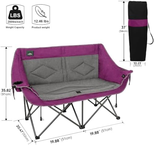 Northroad Heated Folding Loveseat Camping Chair Portable Double Duo Full Padded Garden Chair for 2 Person w/2 Cup Holder,Wine Glass Holder,Mesh Storage (Battery NOT Included)