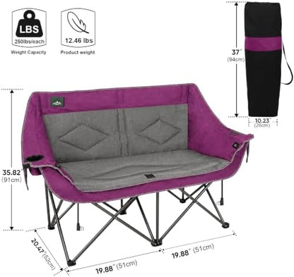 Northroad Heated Folding Loveseat Camping Chair Portable Double Duo Full Padded Garden Chair for 2 Person w/2 Cup Holder,Wine Glass Holder,Mesh Storage (Battery NOT Included)