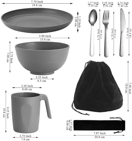 Camping Utensils, Reanea Camping Mess Kit for Travel, Camping, Picnic, Outdoor, Camping Gear Include Knife, Spoon, Fork Cutlery Set, Cup, Bowl, Plate, Camping Essentials for 1