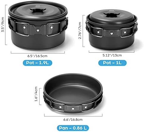 Odoland 15pcs Camping Cookware Mess Kit, Non-Stick Lightweight Pots Pan Set with Stainless Steel Cups Plates Forks Knives Spoons for Camping, Backpacking, Outdoor Cooking and Picnic