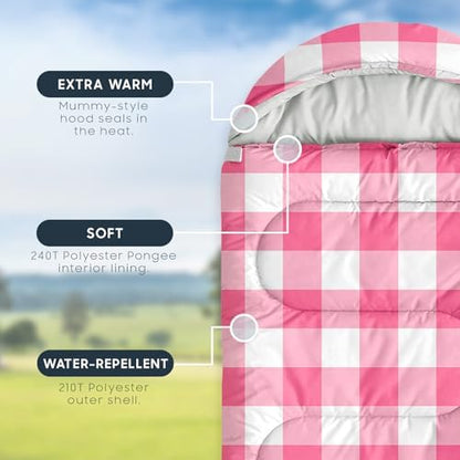 Wake In Cloud - Kids Sleeping Bag for Boys Girls Toddlers, Camping in Warm Cold Weather, Backpacking Lightweight Compact Outdoor Liner for 3 Seasons, Gingham Plaid