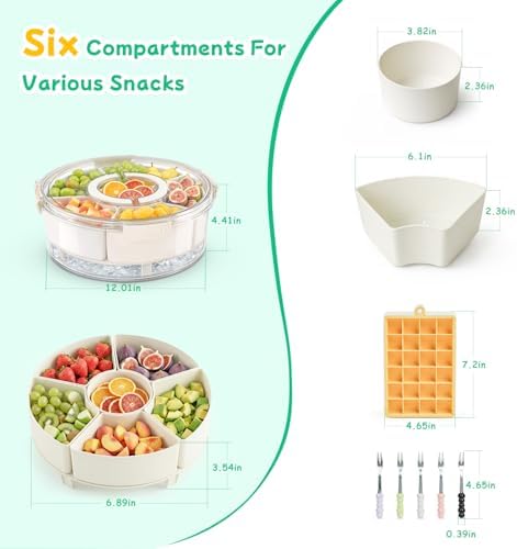Divided Serving Tray with Lid and Handle, Rounded Snackle Box with 6 Compartments and Chill Base for Fruits, Candy, Veggie, Travel Snack Container with Portable Insulated Bag & Ice Cube Tray & 5 Forks