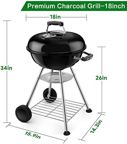 BEAU JARDIN Premium 18 Inch Charcoal Grill for Outdoor Cooking Barbecue Camping BBQ Coal Kettle Grill Tailgating Portable Heavy Duty Round with Thickened Grilling Bowl with Wheels