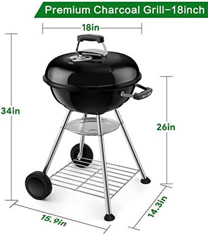 BEAU JARDIN Premium 18 Inch Charcoal Grill for Outdoor Cooking Barbecue Camping BBQ Coal Kettle Grill Tailgating Portable Heavy Duty Round with Thickened Grilling Bowl with Wheels