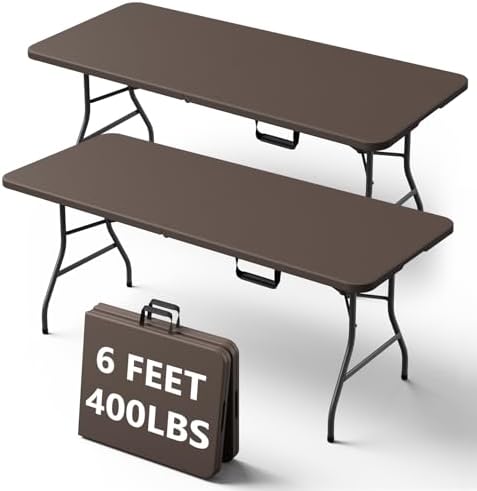 6FT Folding Table, Heavy Duty Plastic Fold-in-Half Utility Table with Handle, Portable Camping Picnic Table with Steel Legs for Indoor Outdoor Party, Dining, Brown,2 Pack