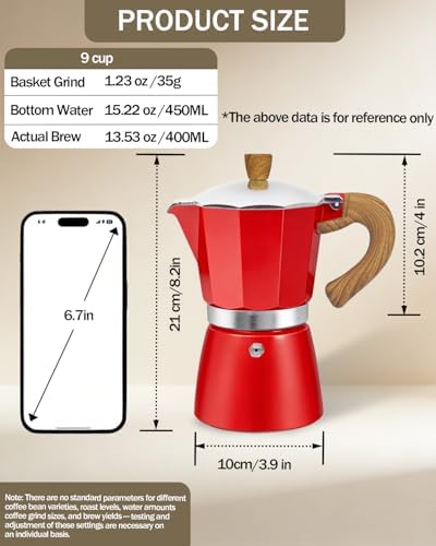 Coffee Maker Stovetop Espresso Maker 9 Cup Aluminum Moka Pot Percolator 15oz 450ml Easy Brewing for Electric Ceramic Stoves Home Camping Italian Cuban Café Classic Red