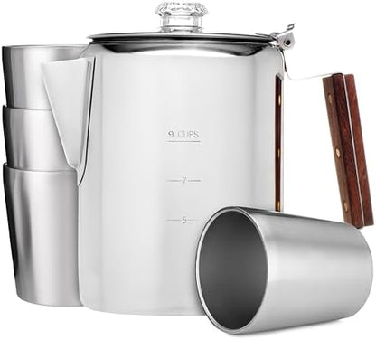 COLETTI Bozeman & Scouts Coffee Set — Percolator Coffee Pot Camping Coffee Maker & Double Wall Stainless Steel Cups — NO Aluminum or Plastic [9 Cup Percolator, 10 oz Cups]