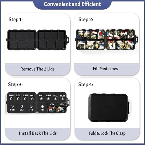 Foldable Portable 7 Day Pill Organizer 2 Times a Day, AM PM Weekly Pill Box