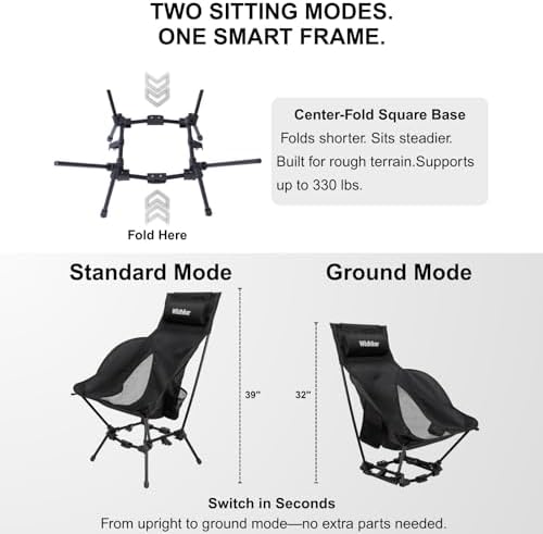 Wildhiker HuggleMode High Back Folding Camping Chair, 2 Seat Heights -Black