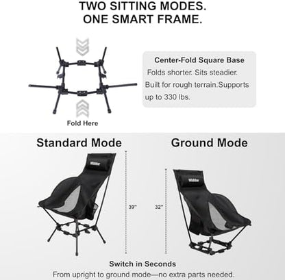 Wildhiker HuggleMode High Back Folding Camping Chair, 2 Seat Heights -Black
