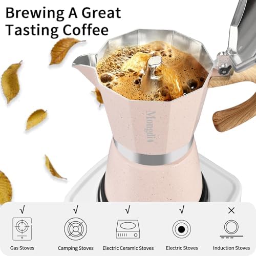 Mongdio Stovetop Espresso Maker Moka Pot, Cuban Coffee Maker Stove top coffee maker Moka Italian Espresso Greca Coffee Maker Brewer Percolator, 6 Espresso Cups, 10 oz - Pink
