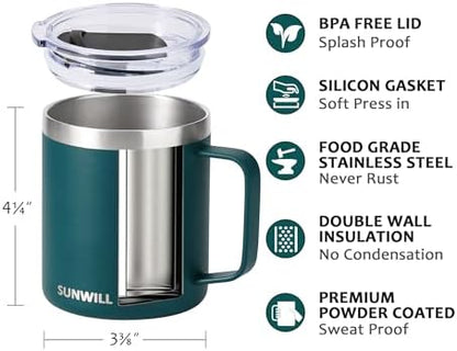SUNWILL Travel Coffee Mug Set of 2, 14 oz Insulated Stainless Steel