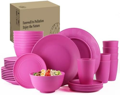 40-Piece Kitchen Plastic Wheat Straw Dinnerware Set, Dish Set for 8, Dinner Plates, Dessert Plate, Cereal Bowls, Cups, Appetizer Plates,Unbreakable Plastic Outdoor Camping Dishes,Pink