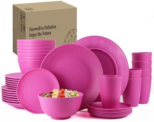 40-Piece Kitchen Plastic Wheat Straw Dinnerware Set, Dish Set for 8, Dinner Plates, Dessert Plate, Cereal Bowls, Cups, Appetizer Plates,Unbreakable Plastic Outdoor Camping Dishes,Pink