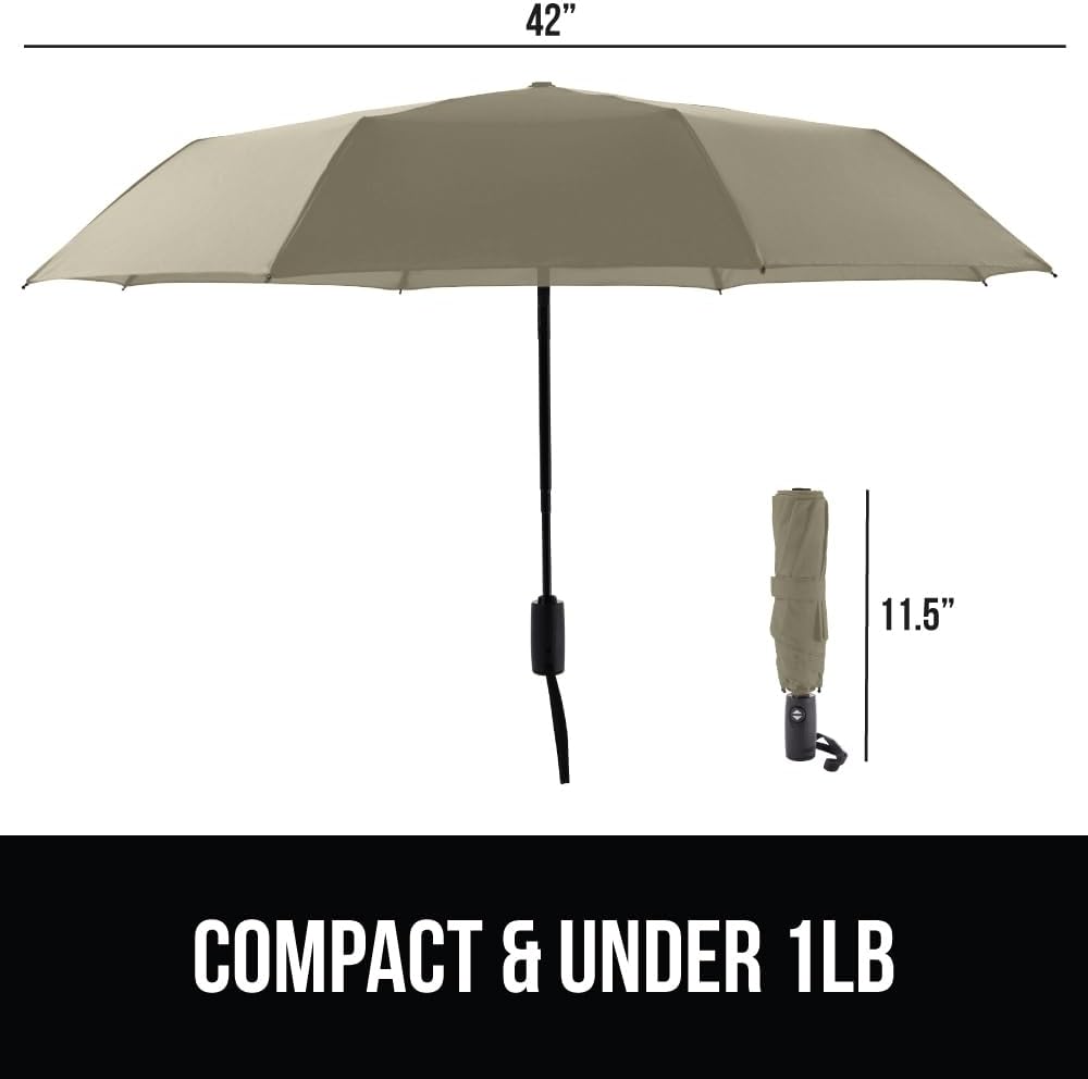 GORILLA GRIP Strong Stick Umbrella for Rain, Compact Travel One-Click Automatic Open Close, Lightweight, Portable, US Designed Reinforced Fiberglass Ribs, Wind Resistant, Easy Collapse, Beige