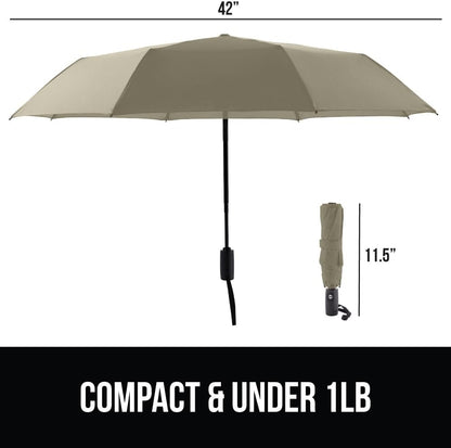 GORILLA GRIP Strong Stick Umbrella for Rain, Compact Travel One-Click Automatic Open Close, Lightweight, Portable, US Designed Reinforced Fiberglass Ribs, Wind Resistant, Easy Collapse, Beige
