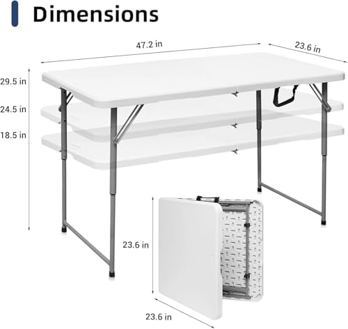 SKONYON 4 Foot Folding Table Heavy Duty Portable Fold-in-Half Plastic Utility Table Small Indoor Outdoor Adjustable Height Folding with Carrying Handle, Camping and Party, Portable White