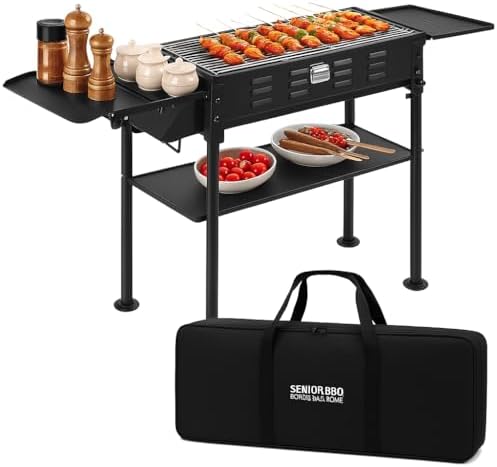 comzenz 35’’ Portable Charcoal Grill Folding BBQ Grill for Outdoor Grilling Cooking Camping Hiking Picnics Tailgating Backpacking Party, With Storage Bag & Non-Stick Frying Pan, Matte Black