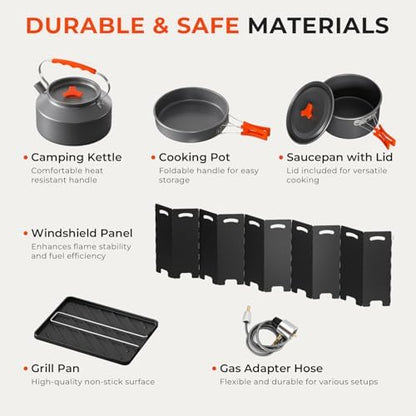 20000 BTU Propane Camping Stove with Cookware Set & Carry Bag Orange