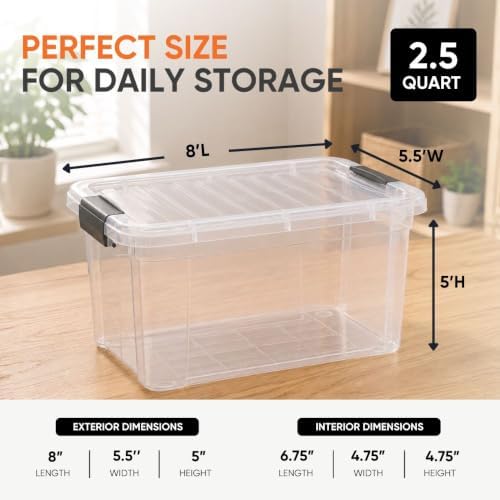 Superio 2.5 Quart Clear Plastic Storage Boxes with Lids, Stackable Organizer Containers, BPA-Free Storage Bins for Home, Office, School & Dorm, 8 Pack
