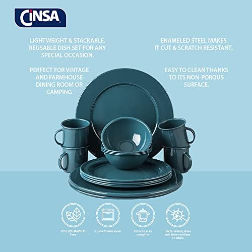 Cinsa 16 Piece. Enameled Dinnerware Camping/Outdoor Set for 4. Includes Plates, Bowls, Mugs, Coffee Boiler