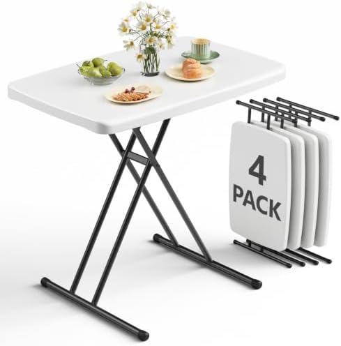 Folding Table 30 Inch - 4pack,Small Desk Adjustable Height TV Tray for Laptop, Couch, Camping - Heavy Duty Utility Foldable Table for Small Spaces, No Assembly Required, White