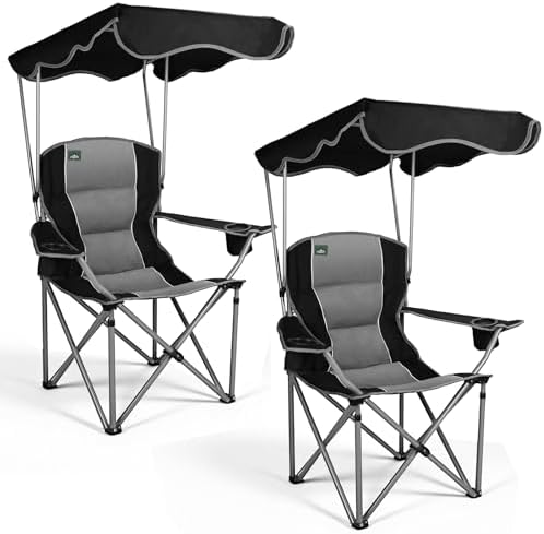 Northroad 2 Pack Folding Camping Chairs with Canopy Shade, Beach Chair w/Cup Holders, Armrests & Carry Bag for Outdoors Travel Sports Fishing, Black