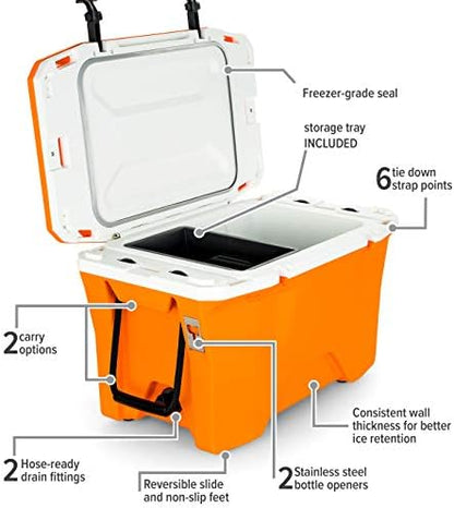 Camco Currituck Tangerine and White 30 Quart Cooler - Rugged Exterior Made for Camping, Hunting, Fishing and Tailgating - Comes with Cooler Basket (51757)