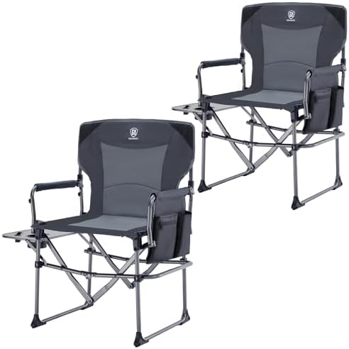 EVER ADVANCED Camping Directors' Chair with Side Table, Portable Folding Chair with Compact Size, Heavy Duty with Pocket for Camping, Lawn, Sports and Fishing, 400lbs, Gray 2 Pack