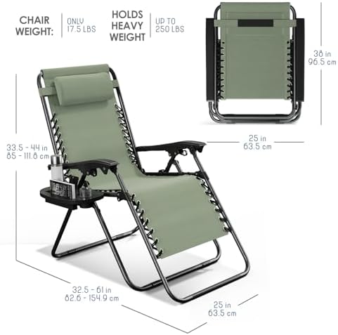 Nestl Zero Gravity Chairs 1 Pk, Portable Patio Lounge Outdoor with Pillows & Cup Holder Trays, Adjustable Steel Lawn Chair for Deck, Beach - Sage Green
