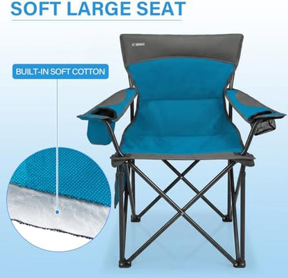 Oversized Camping Chair for Adults - 2 Pack Padded Lawn Chairs with Cup Holder & Side Pocket,Heavy Duty Folding Outdoor Chairs for Camp,Sports,Picnic,Beach,Blue