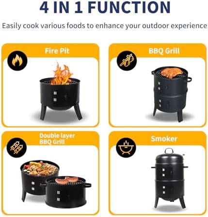 16 inch Vertical Charcoal Smoker, Mini BBQ Grill, Fire Pit, 3-in-1 with Built-in Thermometer, Adjustable Air Vent, Idea for Parties, Backyard, Patio, Camping