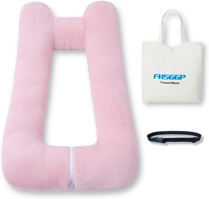 Travel Pillow Upgraded Version of Aircraft Travel Neck Pillow with Storage Bag, Sleep Pillows for Travel by Train, Car, or Plane, Supporting The Head and Body, Travel Pillow for Kids Pink
