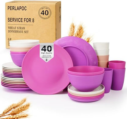 Wheat Straw Dinnerware Sets 40 PCS Bowl and Plate Sets With Cup Dishes Set for 8 Unbreakable Dish Sets Microwave Safe Plates Dinner Bowls Drinking Glasses With 4 Color - Flower Color