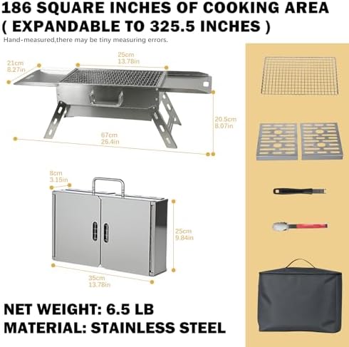 Portable Tabletop Charcoal Grill, Foldable Stainless Steel Mini BBQ Grill with Carry Bag, Lightweight Small Camping Picnic Travel Tailgating Patio Grill