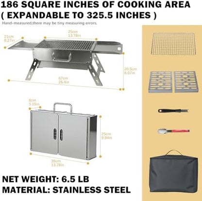 Portable Tabletop Charcoal Grill, Foldable Stainless Steel Mini BBQ Grill with Carry Bag, Lightweight Small Camping Picnic Travel Tailgating Patio Grill